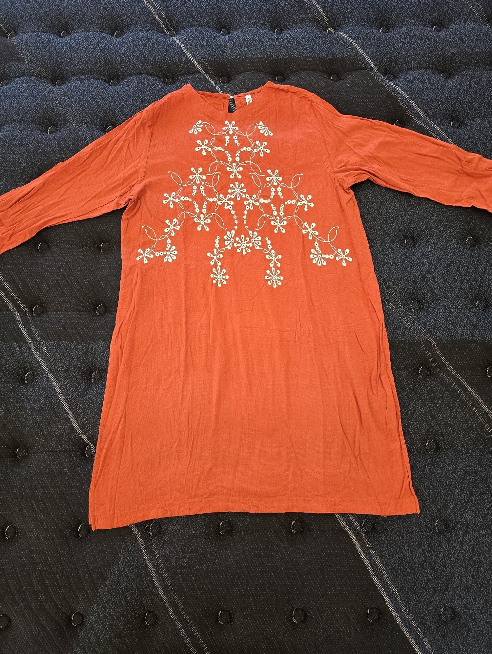 Ethnic Outfitters Women's Embroidered Orange Tunic Long Dress W Side Slit -Large